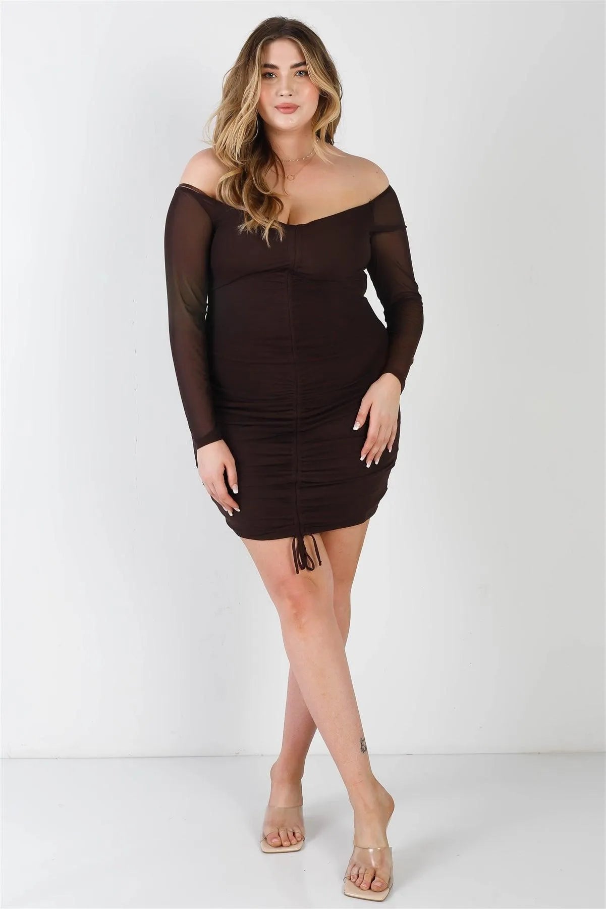 Junior Plus Chocolate Mesh Front Ruched Detail Off-The-Shoulder Long Sleeve Mini Dress /2-2-2 - Tasha Apparel Wholesale
