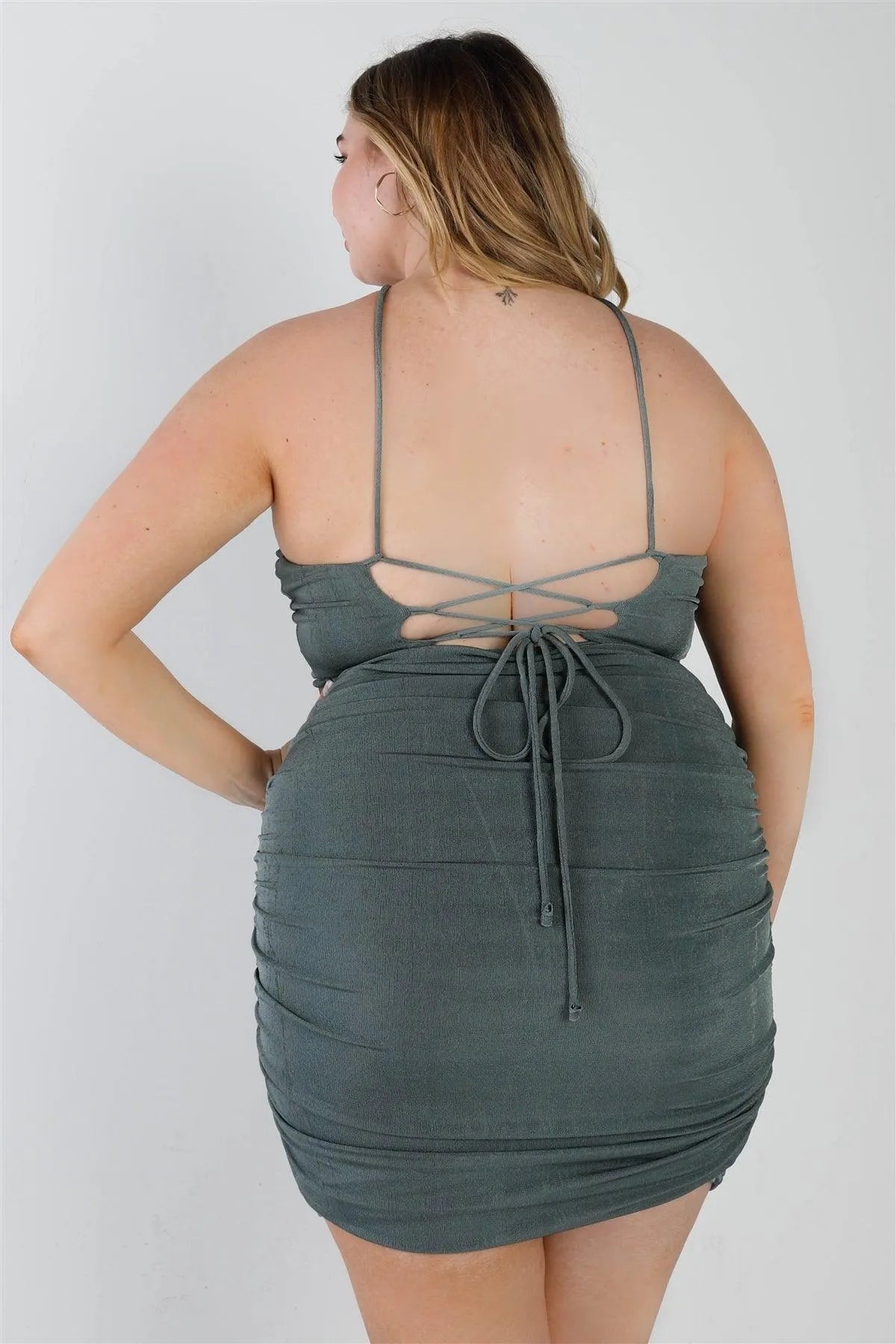 Plus Size Sage Ruched Back Lace Down Mini Dress /2-2-2 Plus Size Sage Ruched Back Lace Down Mini Dress /2-2-2