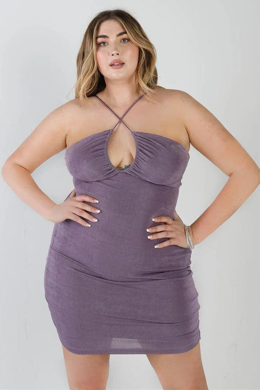 Junior Plus Lavender Textured Sleeveless Cut-Out Detail Self-Tie Back Mini Dress /2-2-2 - Tasha Apparel Wholesale
