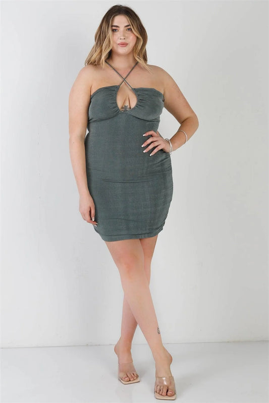 Junior Plus Teal Textured Sleeveless Cut-Out Detail Self-Tie Back Mini Dress /2-2-2 - Tasha Apparel Wholesale
