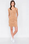 Camel Suede Ribbed Button Down Square Neck Boho Mini Dress /2-2-2 - Tasha Apparel Wholesale