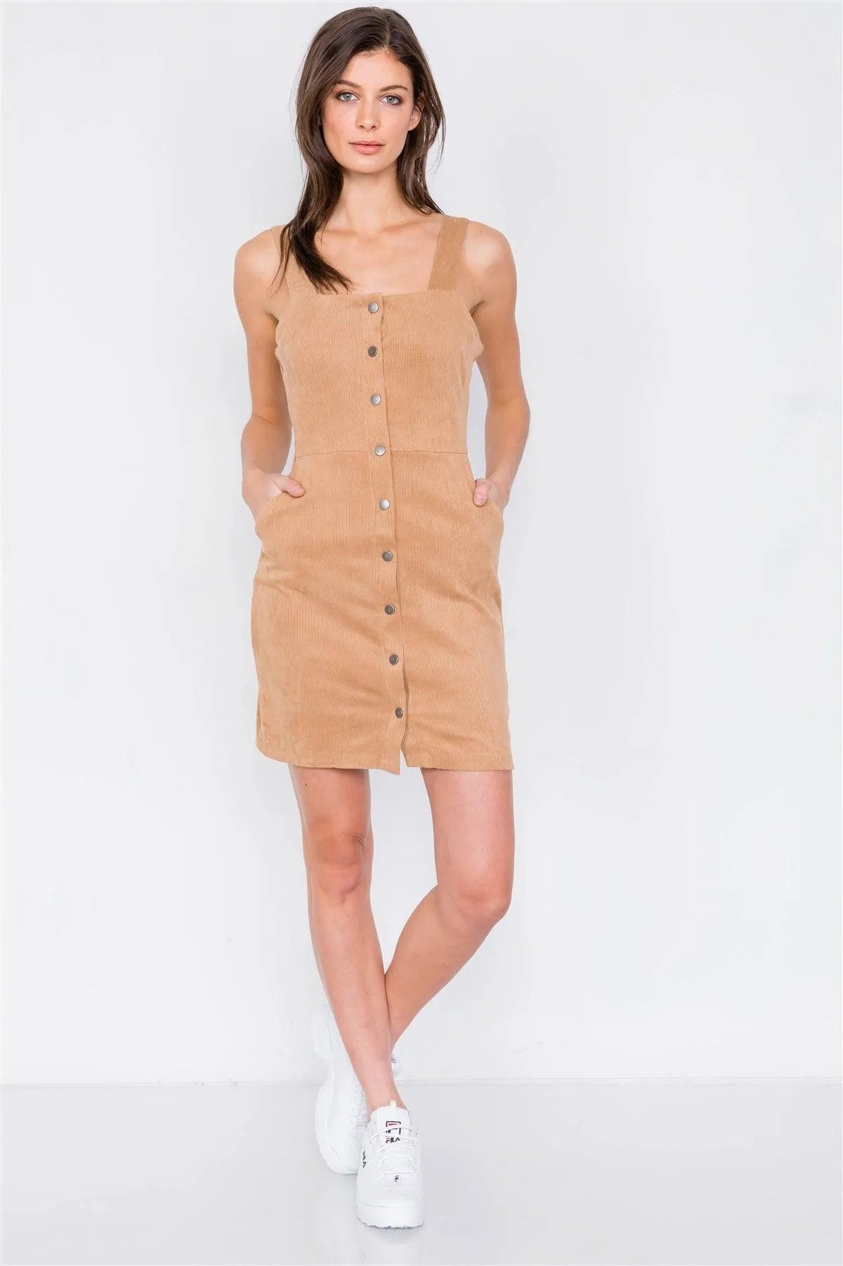 Camel Suede Ribbed Button Down Square Neck Boho Mini Dress /2-2-2 - Tasha Apparel Wholesale