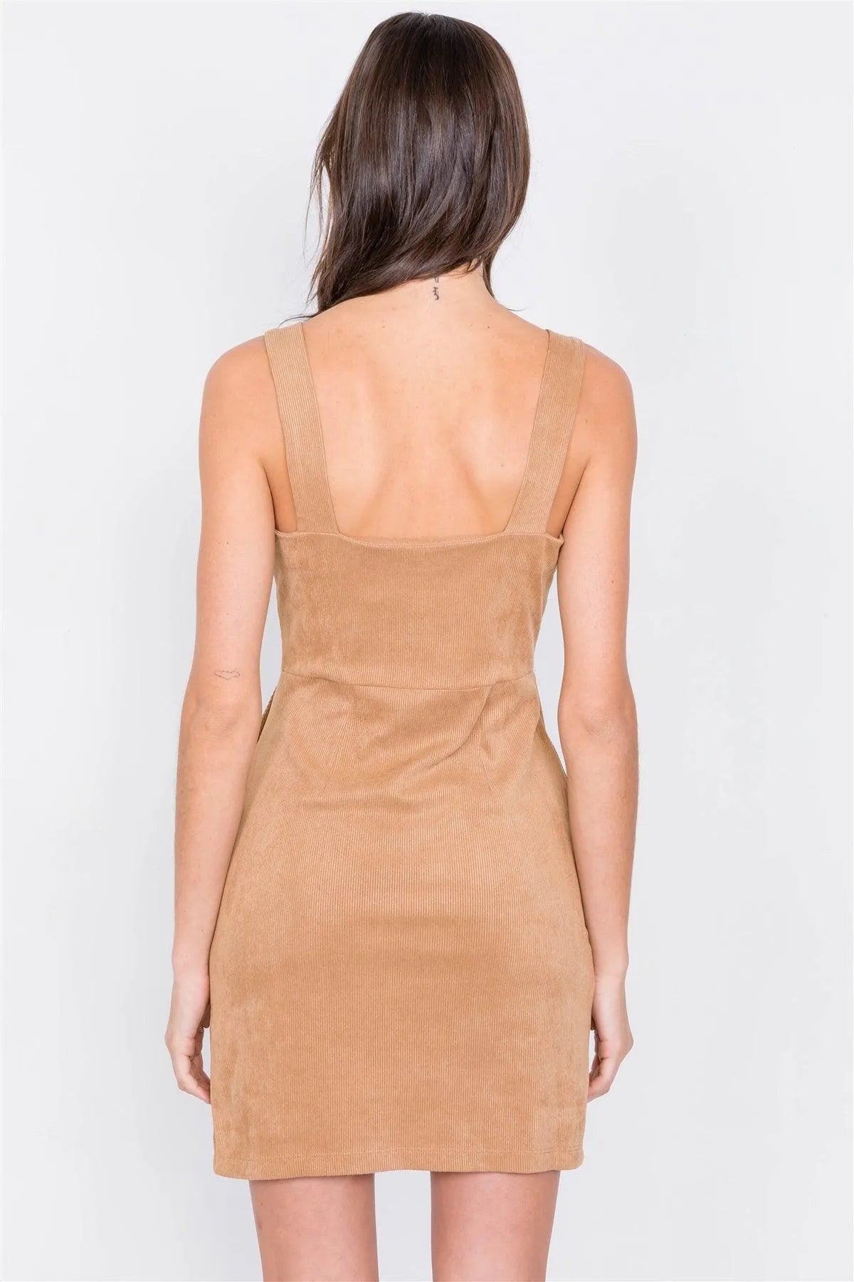 Camel Suede Ribbed Button Down Square Neck Boho Mini Dress /2-2-2 - Tasha Apparel Wholesale