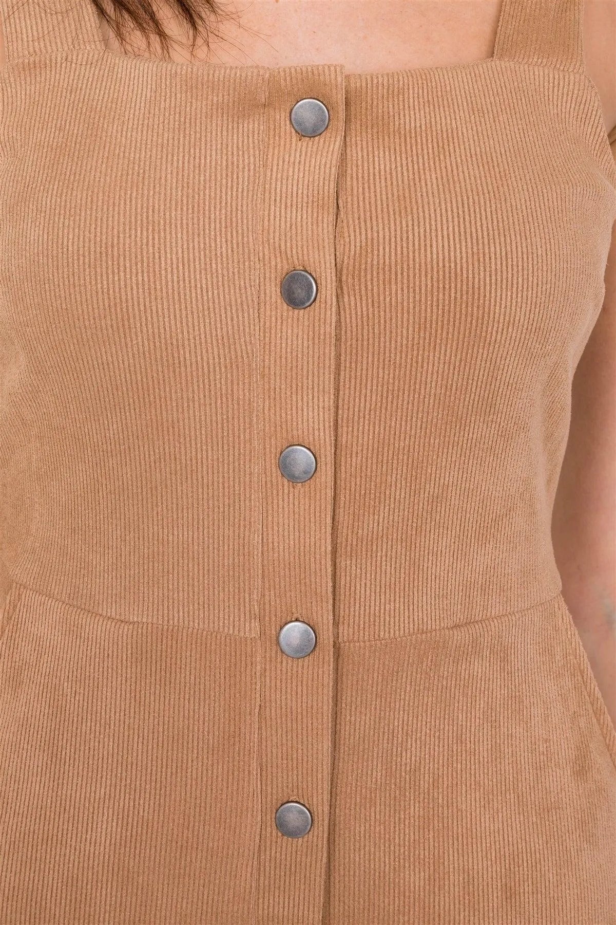 Camel Suede Ribbed Button Down Square Neck Boho Mini Dress /2-2-2 - Tasha Apparel Wholesale