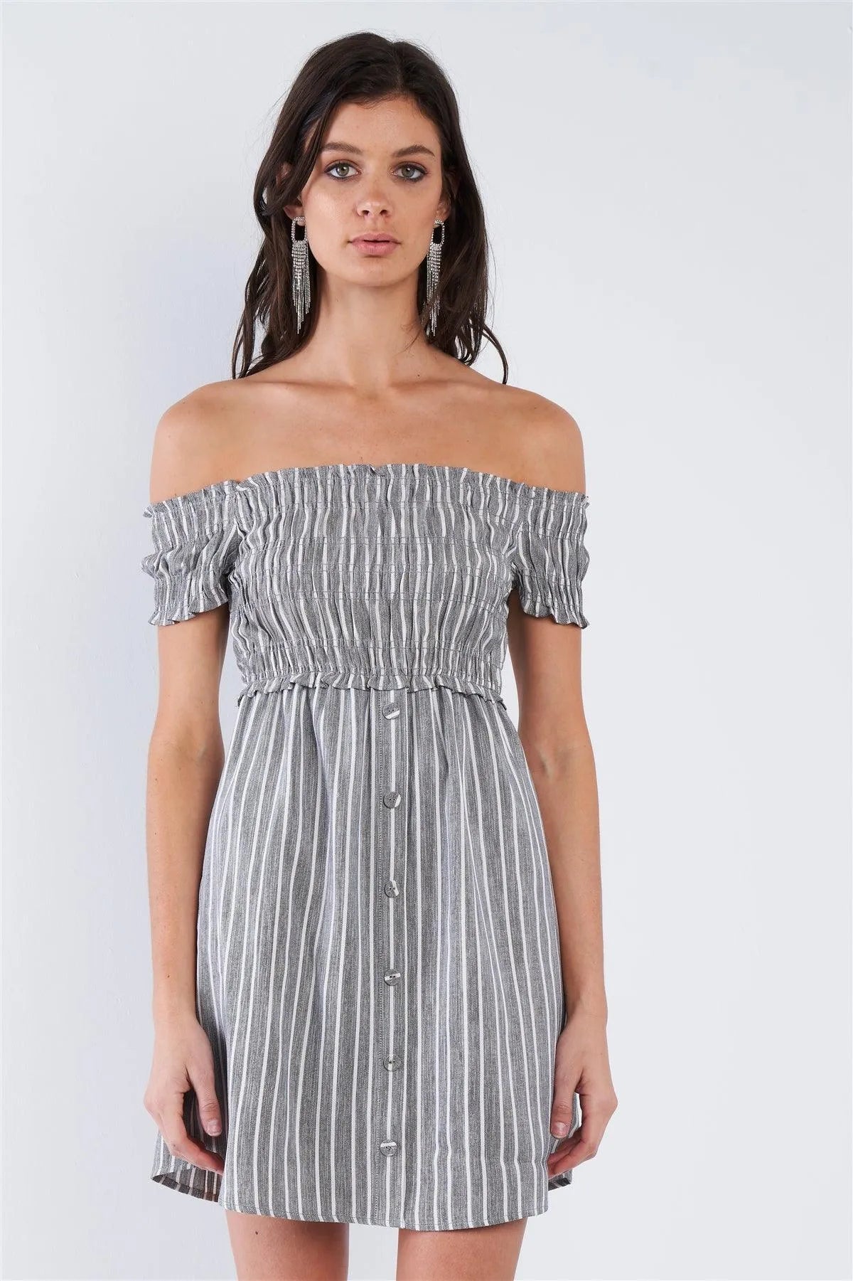 Black Grey & White Stripe Ruched Off-The-Shoulder Mini front Button Dress /3-2-1 - Tasha Apparel Wholesale