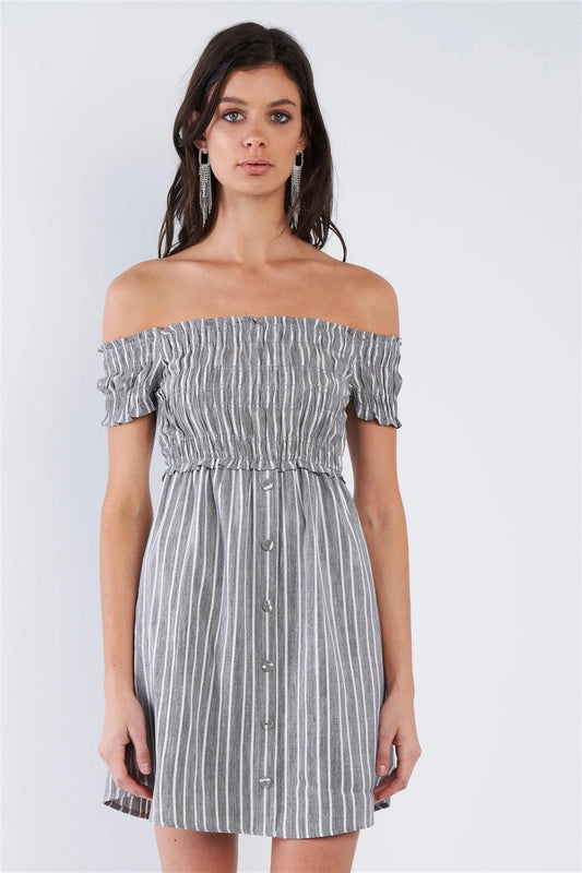 Black Grey & White Stripe Ruched Off-The-Shoulder Mini front Button Dress /3-2-1 - Tasha Apparel Wholesale