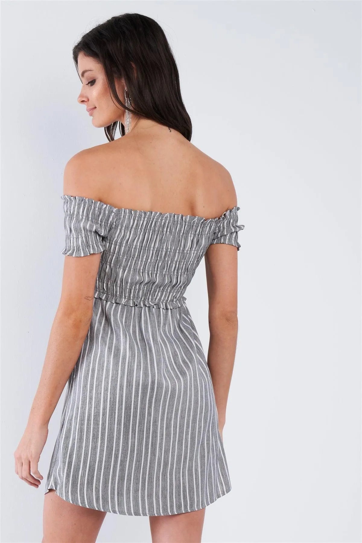 Black Grey & White Stripe Ruched Off-The-Shoulder Mini front Button Dress /3-2-1 - Tasha Apparel Wholesale