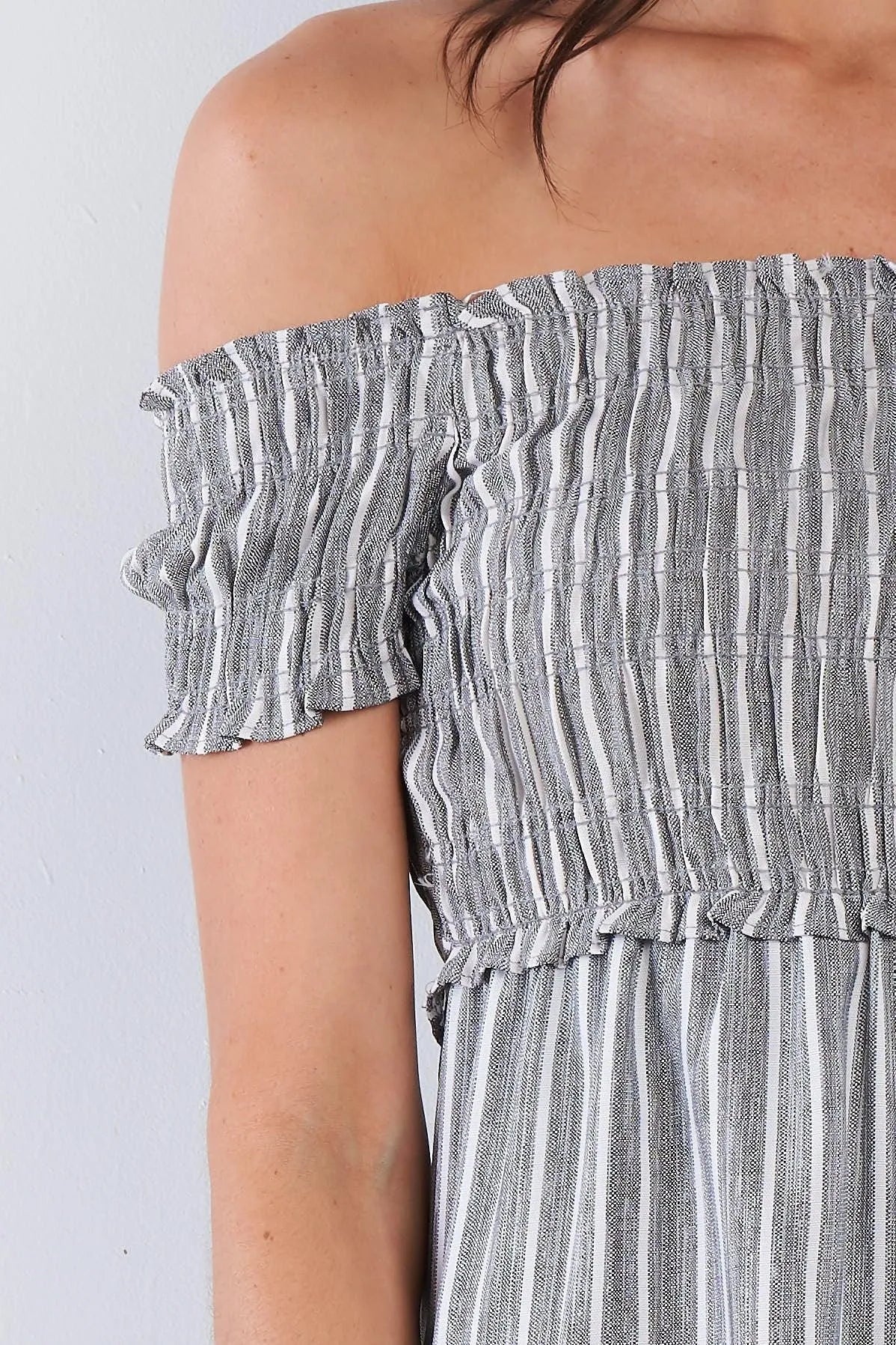 Black Grey & White Stripe Ruched Off-The-Shoulder Mini front Button Dress /3-2-1 - Tasha Apparel Wholesale