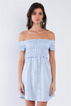 Blue & White Stripe Ruched Off-The-Shoulder Mini front Button Dress /3-2-1