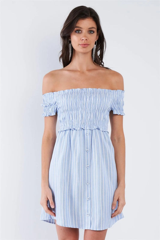 Blue & White Stripe Ruched Off-The-Shoulder Mini front Button Dress /3-2-1 - Tasha Apparel Wholesale