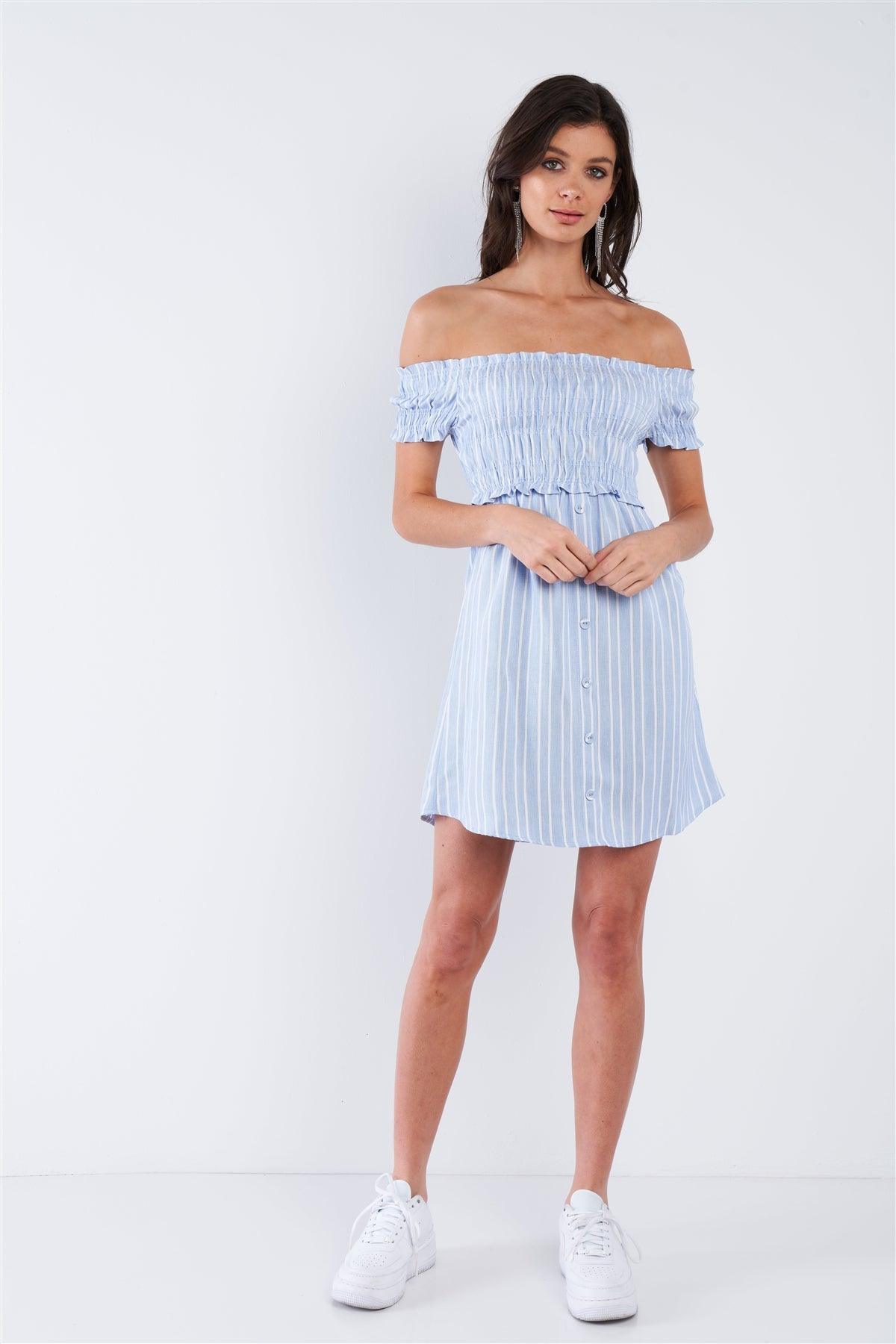 Blue & White Stripe Ruched Off-The-Shoulder Mini front Button Dress /3-2-1