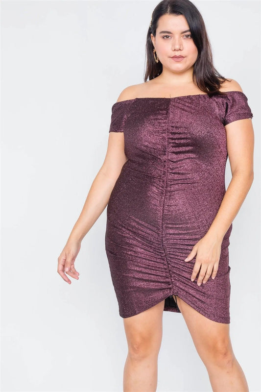 Junior Plus Size Pink Ruched Draw String Center Mini Glitter Dress /2-2-2 - Tasha Apparel Wholesale
