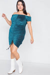 Junior Plus Size Teal Ruched Draw String Off The Shoulder Mini Glitter Dress /2-2-2
