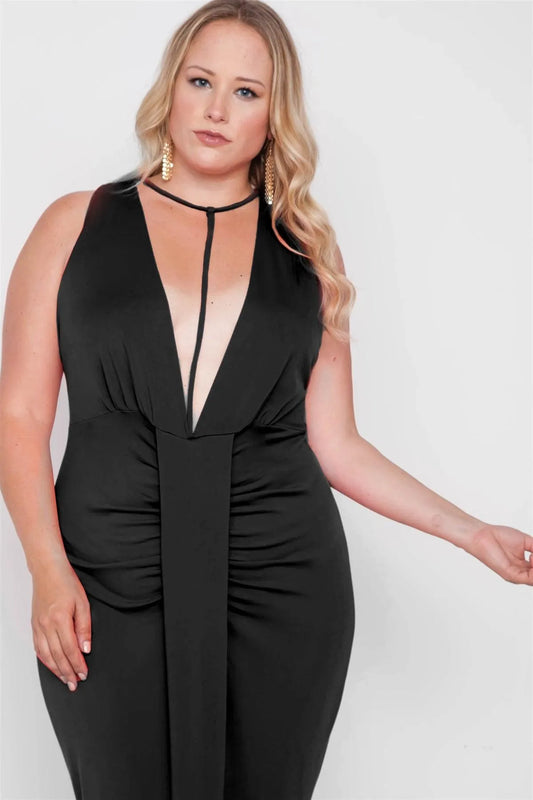 Plus Size Black Deep V-Neck Strap Detail Maxi Dress - Tasha Apparel Wholesale