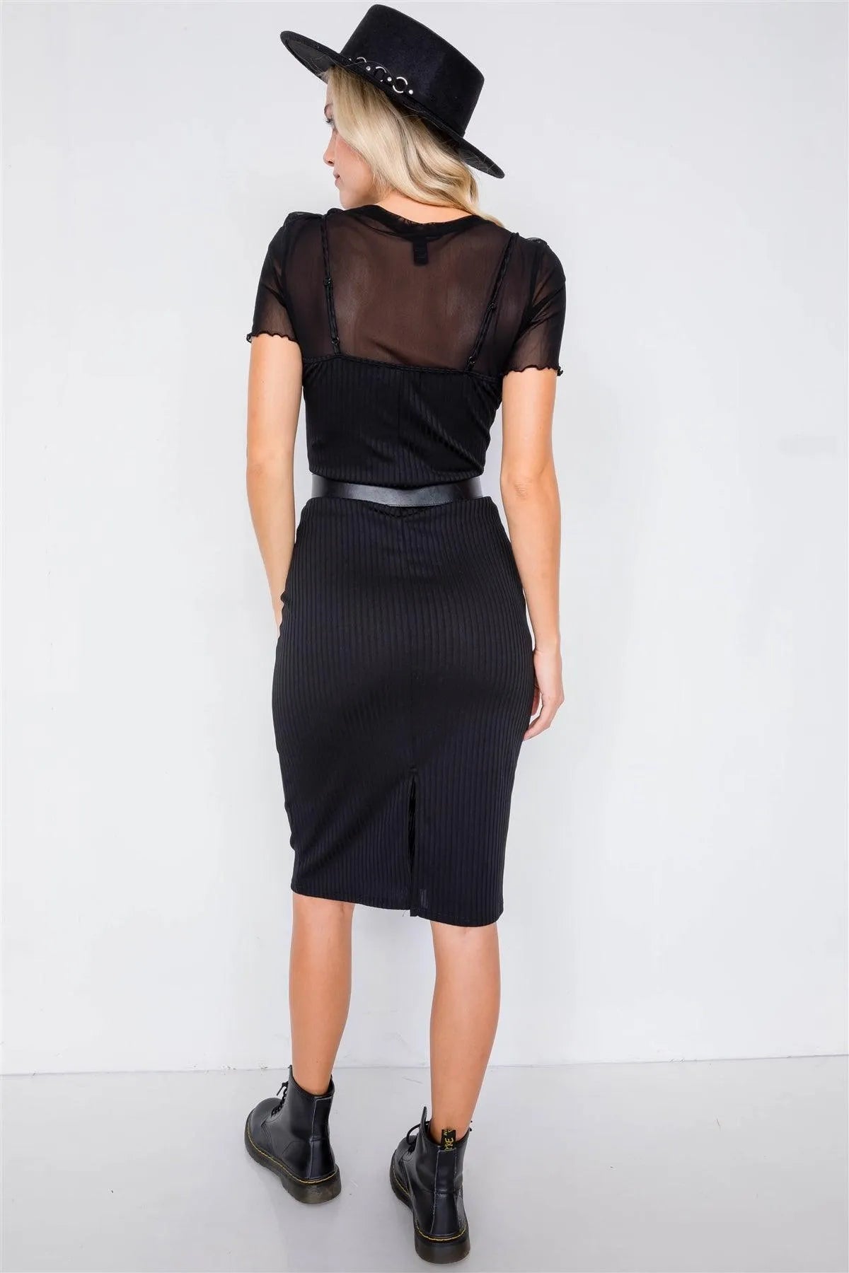 Black Knit Ribbed Square Neck Back Mini Slit Midi Chic Dress /2-2 - Tasha Apparel Wholesale