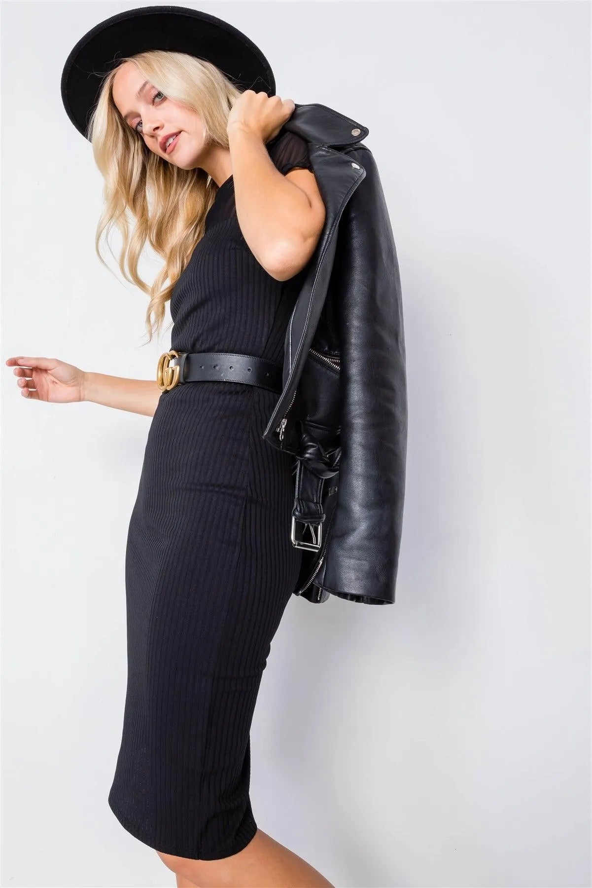 Black Knit Ribbed Square Neck Back Mini Slit Midi Chic Dress /2-2 - Tasha Apparel Wholesale