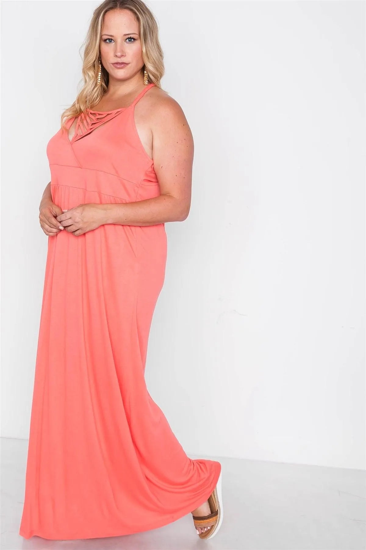 Junior Plus Size Coral Strap Detail Cami Solid Maxi Dress / 2-2-2 - Tasha Apparel Wholesale