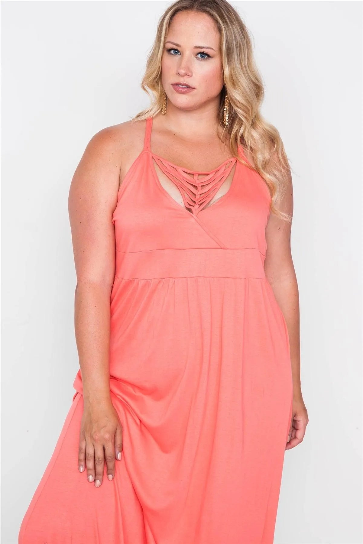 Junior Plus Size Coral Strap Detail Cami Solid Maxi Dress / 2-2-2 - Tasha Apparel Wholesale