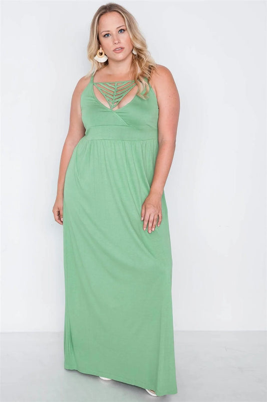 Junior Plus Size Sage Strap Detail Cami Solid Maxi Dress / 2-2-2 - Tasha Apparel Wholesale