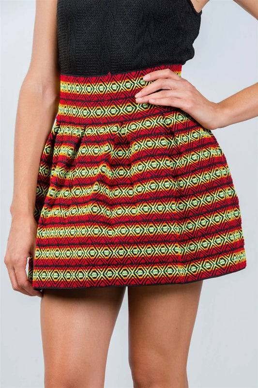 Red Tribal Textured Pattern Mini Skirt /3-2-2 - Tasha Apparel Wholesale