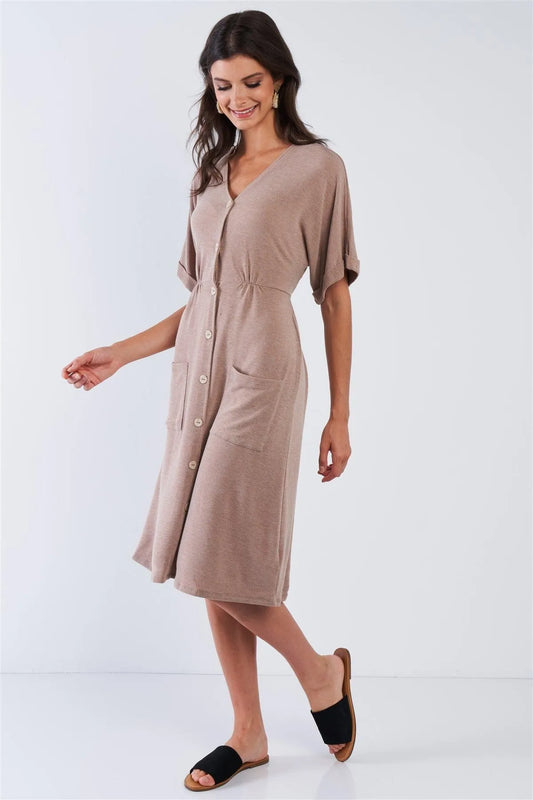 Mocha Fleece Short Sleeve Button Up Dress /2-2-2 - Tasha Apparel Wholesale