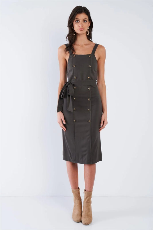 Olive Green Double Busted Button Front Back Slit Midi Wrap Dress /2-2-2 - Tasha Apparel Wholesale