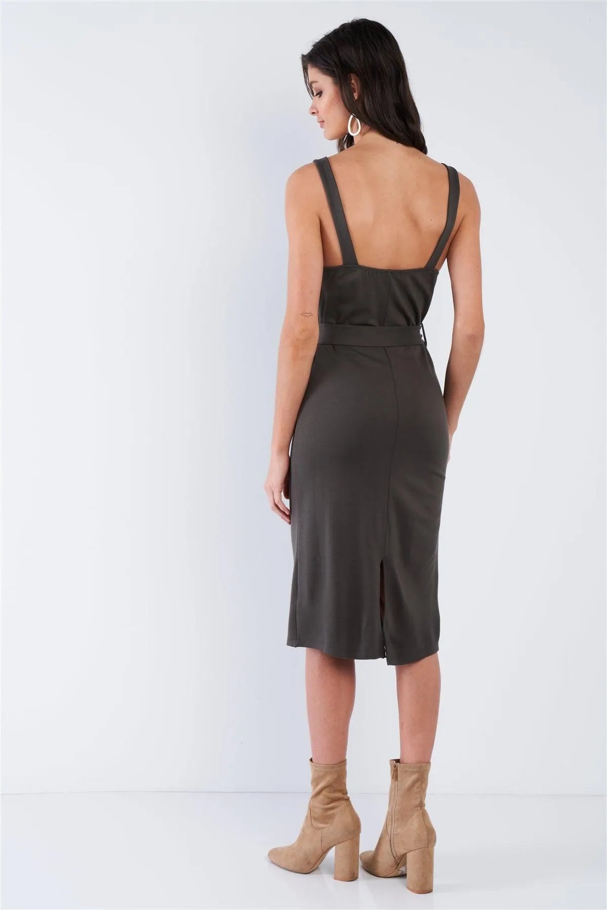 Olive Green Double Busted Button Front Back Slit Midi Wrap Dress /2-2-2 - Tasha Apparel Wholesale
