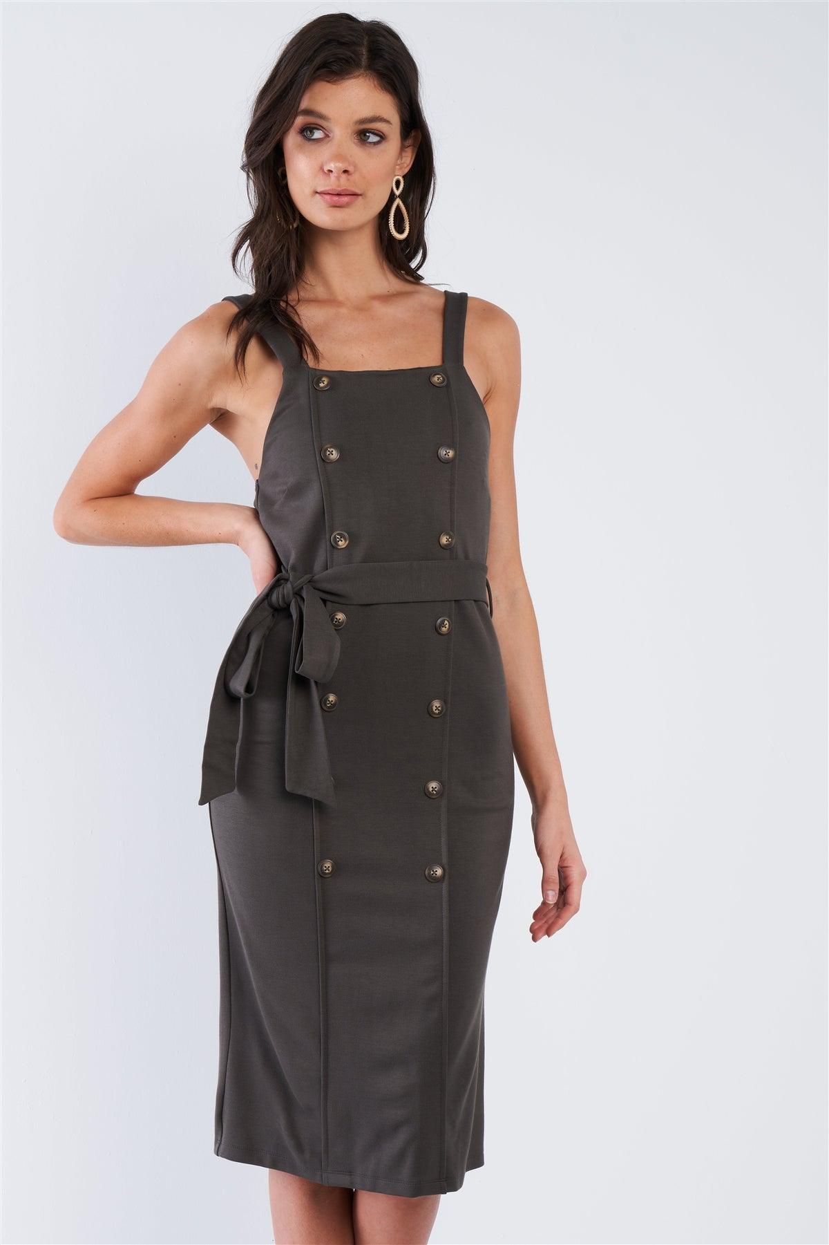 Olive Green Double Busted Button Front Back Slit Midi Wrap Dress  /2-2-2
