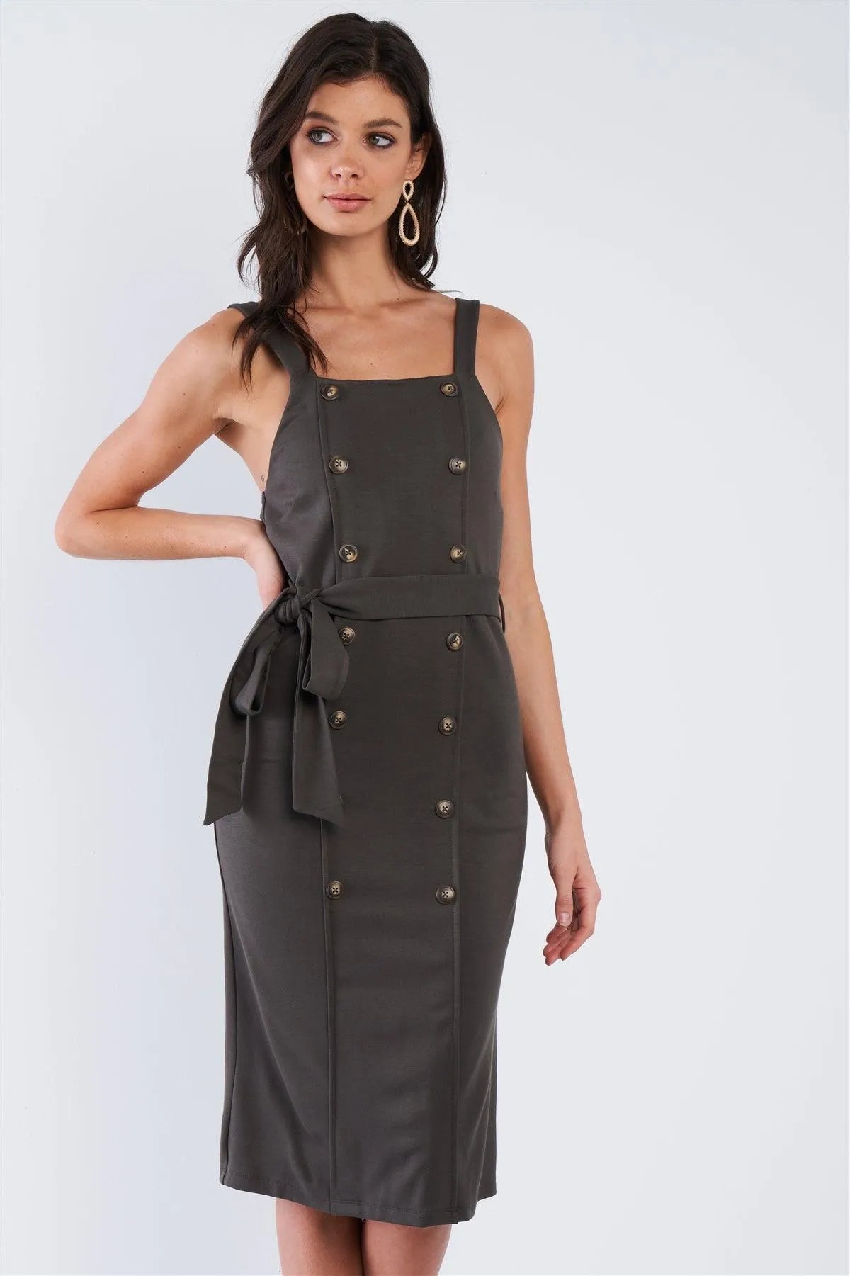 Olive Green Double Busted Button Front Back Slit Midi Wrap Dress /2-2-2 - Tasha Apparel Wholesale