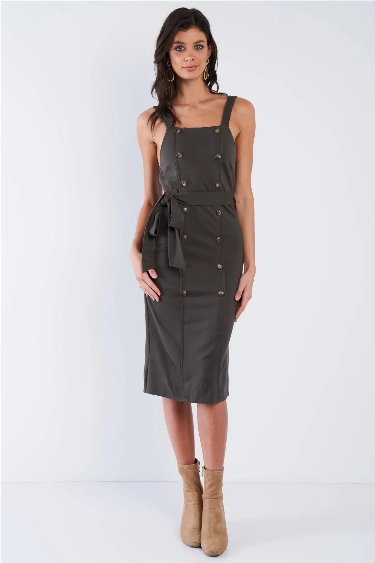 Olive Green Double Busted Button Front Back Slit Midi Wrap Dress /2-2-2 - Tasha Apparel Wholesale