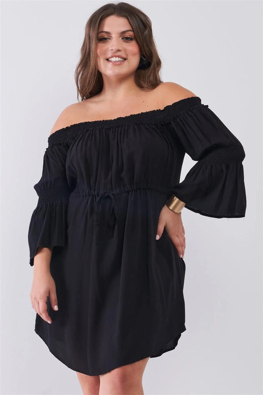 Junior Plus Size Black Smocked Off-The-Shoulder Midi Sleeve Self-Tie Waist Mini Dress /2-2-2 - Tasha Apparel Wholesale