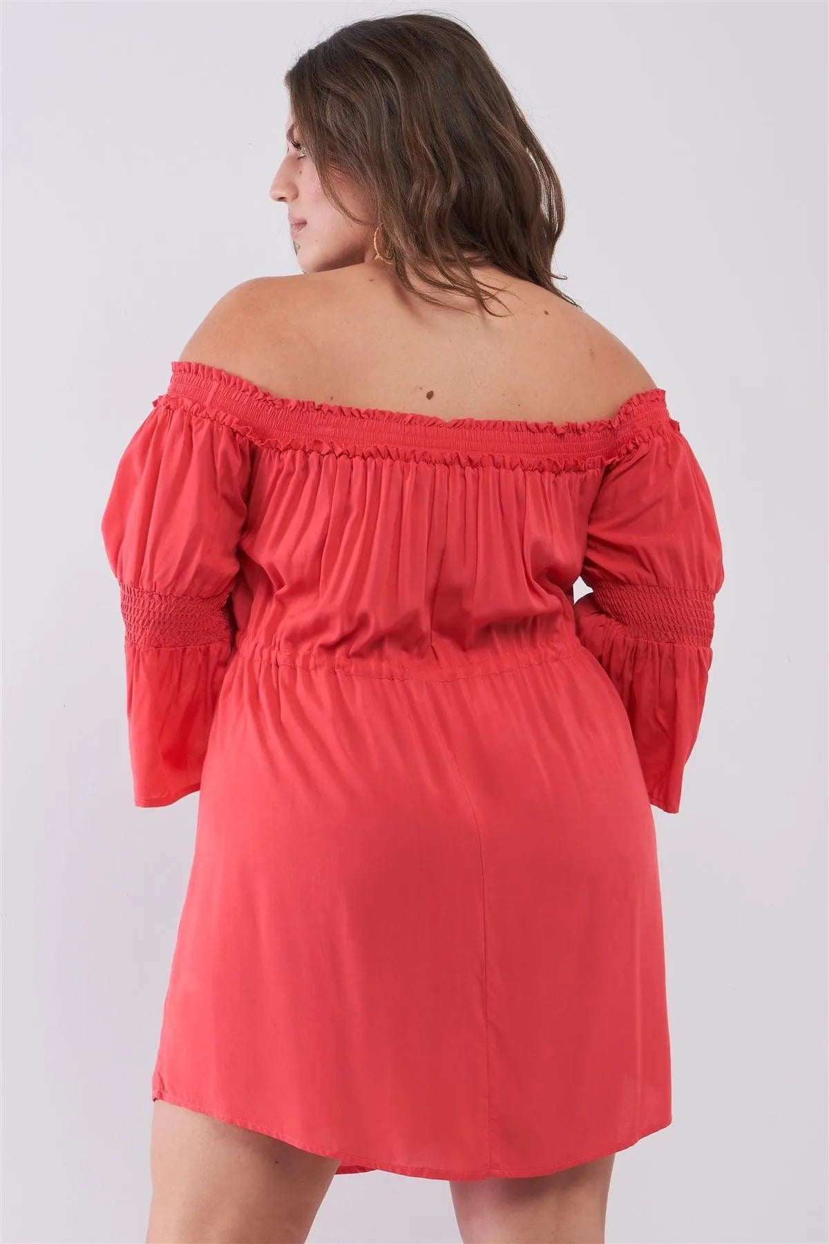 Junior Plus Size Coral Smocked Off-The-Shoulder Midi Sleeve Self-Tie Waist Mini Dress /2-2-2 - Tasha Apparel Wholesale