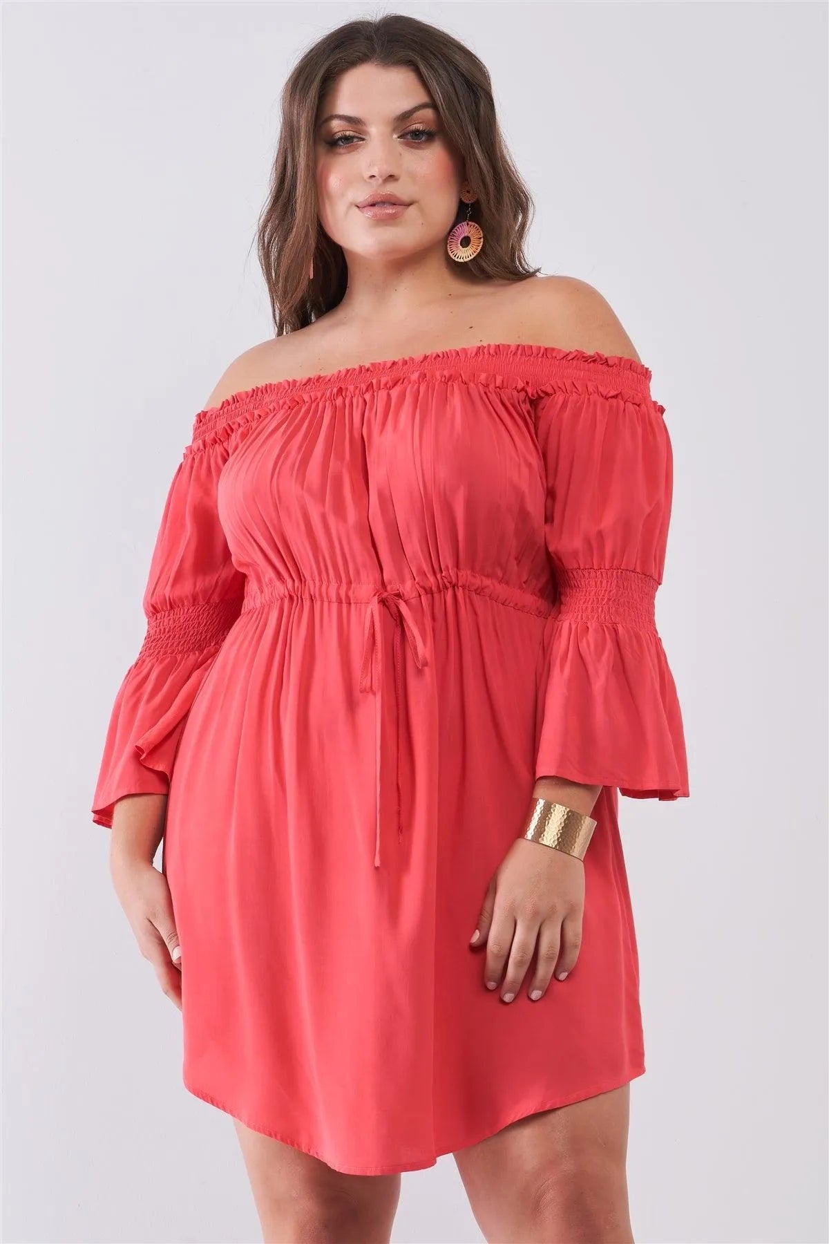 Junior Plus Size Coral Smocked Off-The-Shoulder Midi Sleeve Self-Tie Waist Mini Dress /2-2-2 - Tasha Apparel Wholesale