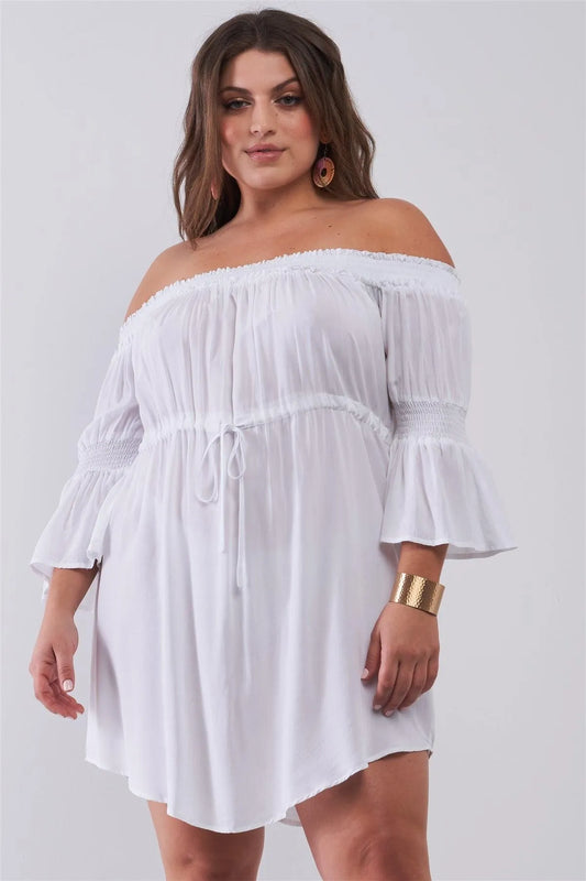 Junior Plus Size White Smocked Off-The-Shoulder Midi Sleeve Self-Tie Waist Mini Dress /2-2-2 - Tasha Apparel Wholesale