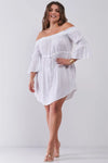 Junior Plus Size White Smocked Off-The-Shoulder Midi Sleeve Self-Tie Waist Mini Dress /3-2-2 - Tasha Apparel Wholesale