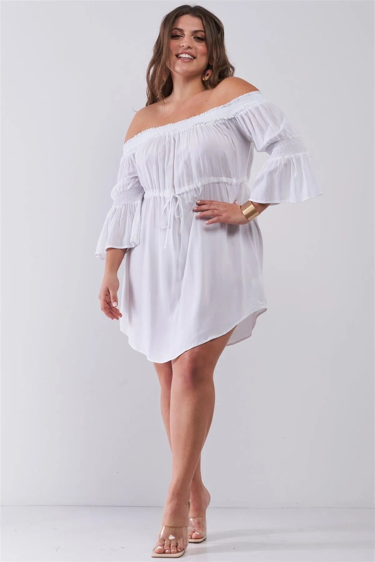 Junior Plus Size White Smocked Off-The-Shoulder Midi Sleeve Self-Tie Waist Mini Dress /3-2-2 - Tasha Apparel Wholesale