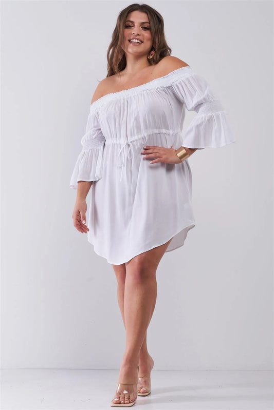 Junior Plus Size White Smocked Off-The-Shoulder Midi Sleeve Self-Tie Waist Mini Dress /3-2-2 - Tasha Apparel Wholesale