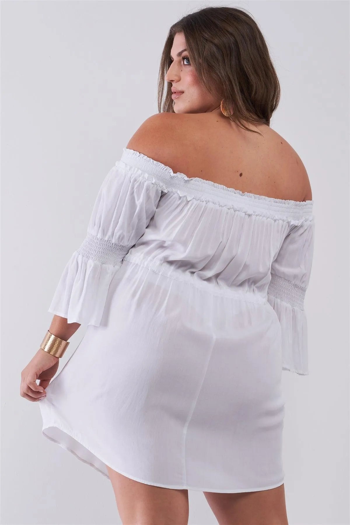 Junior Plus Size White Smocked Off-The-Shoulder Midi Sleeve Self-Tie Waist Mini Dress /3-2-2 - Tasha Apparel Wholesale
