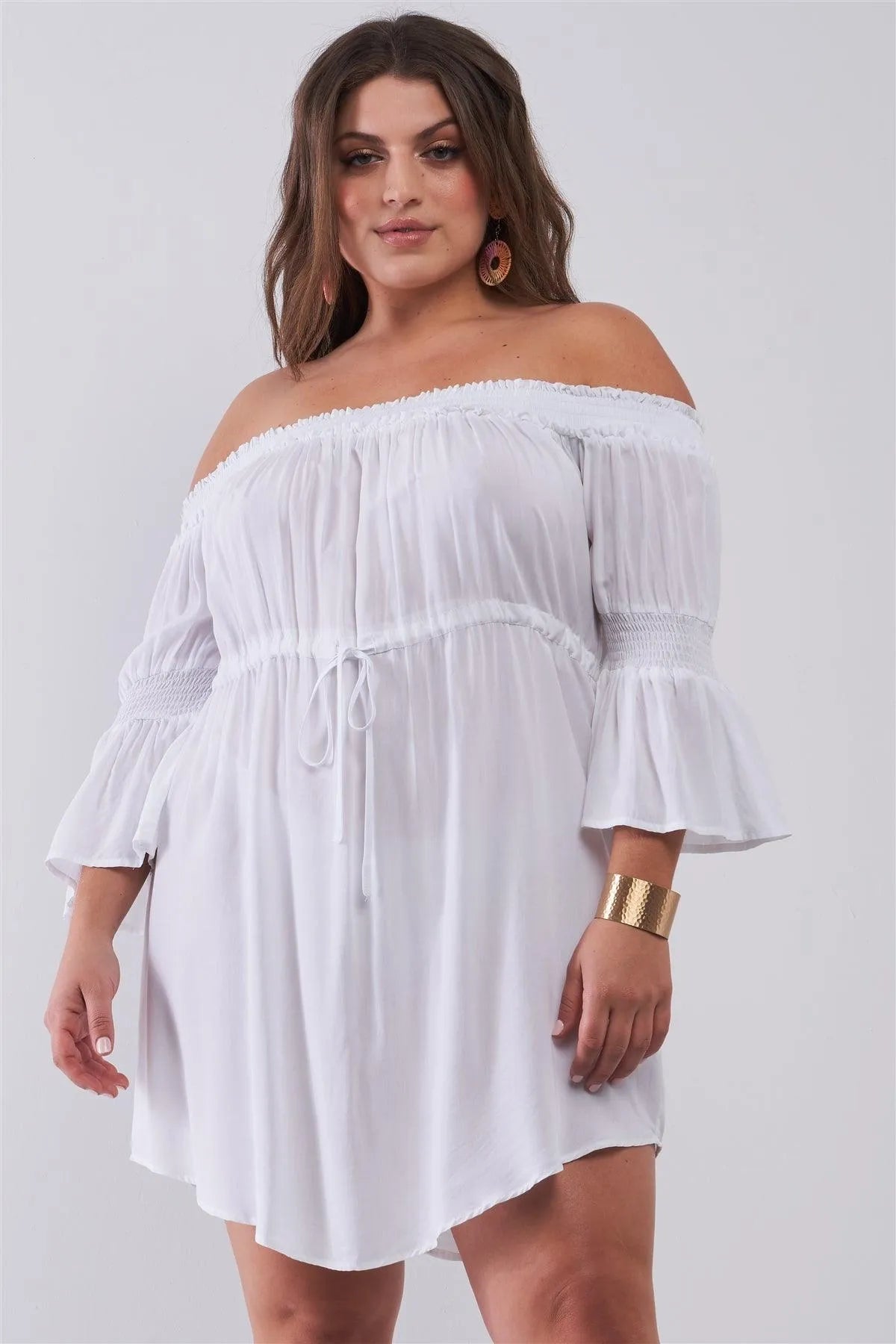 Junior Plus Size White Smocked Off-The-Shoulder Midi Sleeve Self-Tie Waist Mini Dress /3-2-2 - Tasha Apparel Wholesale