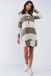 Olive Plush Soft Large Horizontal Stripe Round Neck Long Sleeve Front Swirl Tie Detail Mini Top Dress /2-2-2 - Tasha Apparel Wholesale