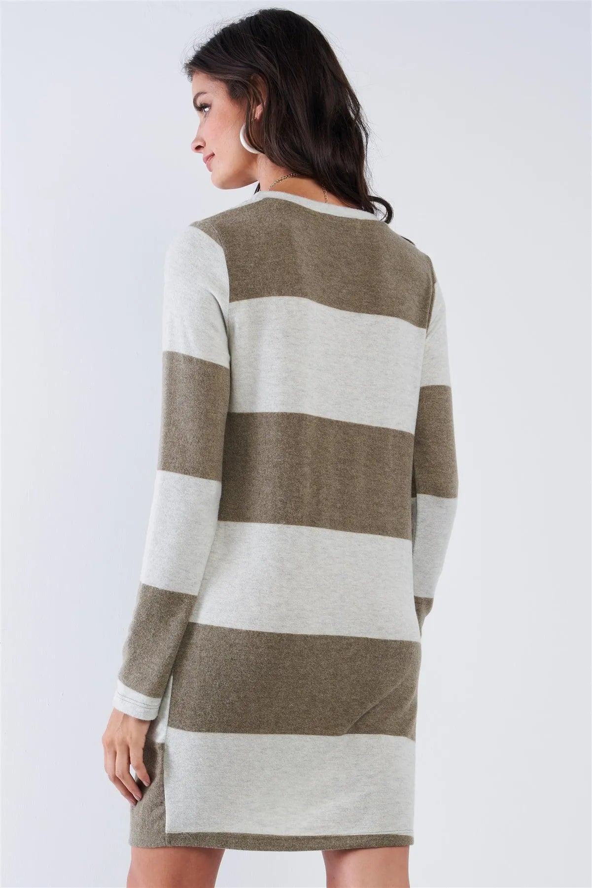 Olive Plush Soft Large Horizontal Stripe Round Neck Long Sleeve Front Swirl Tie Detail Mini Top Dress /2-2-2 - Tasha Apparel Wholesale