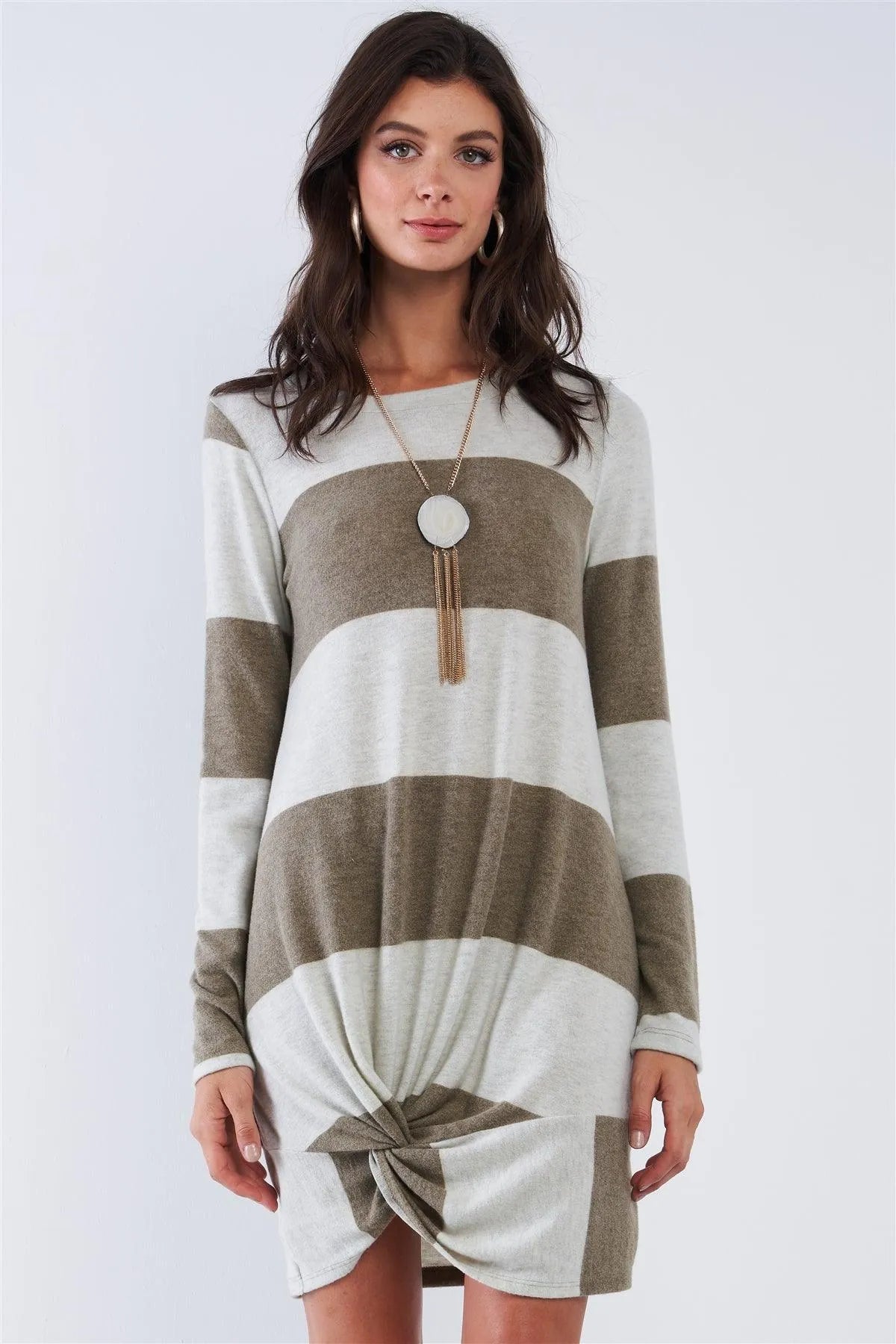 Olive Plush Soft Large Horizontal Stripe Round Neck Long Sleeve Front Swirl Tie Detail Mini Top Dress /2-2-2 - Tasha Apparel Wholesale