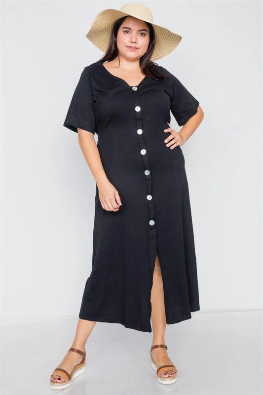 Junior Plus Size Black Cotton V-Neck Wrap Opal Button Down Maxi Dress /1-2-2 - Tasha Apparel Wholesale