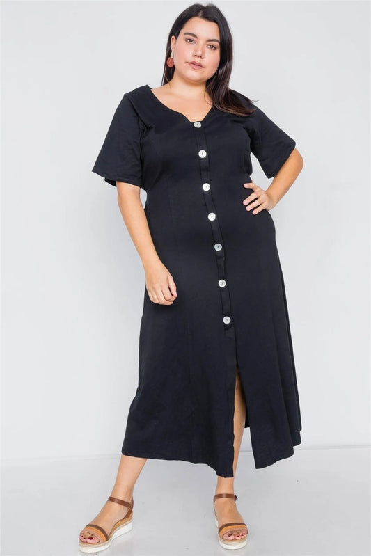 Junior Plus Size Black Cotton V-Neck Wrap Opal Button Down Maxi Dress /2-2-2 - Tasha Apparel Wholesale