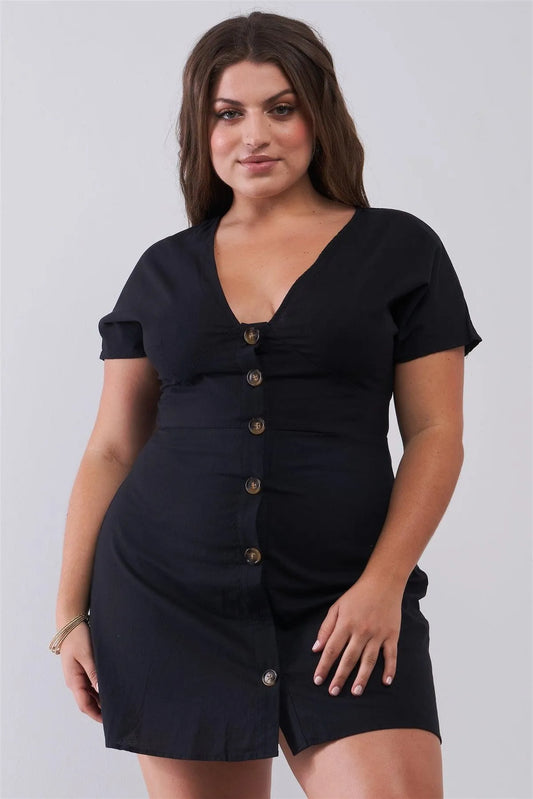 Junior Plus Black Short Sleeve V-Neck Front Button Down Cotton Mini Dress /2-2-2 - Tasha Apparel Wholesale