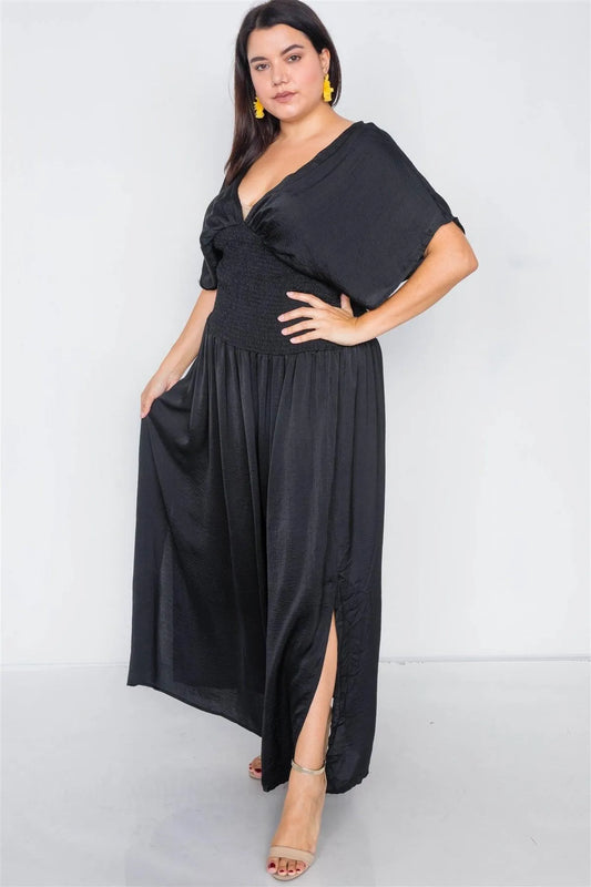 Plus Size Black V-Neck Satin Kimono Sleeve Maxi Dress /1-2-2 - Tasha Apparel Wholesale