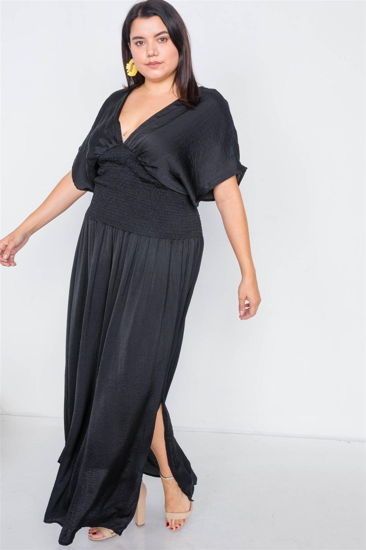 Plus Size Black V-Neck Satin Kimono Sleeve Maxi Dress /1-2-2