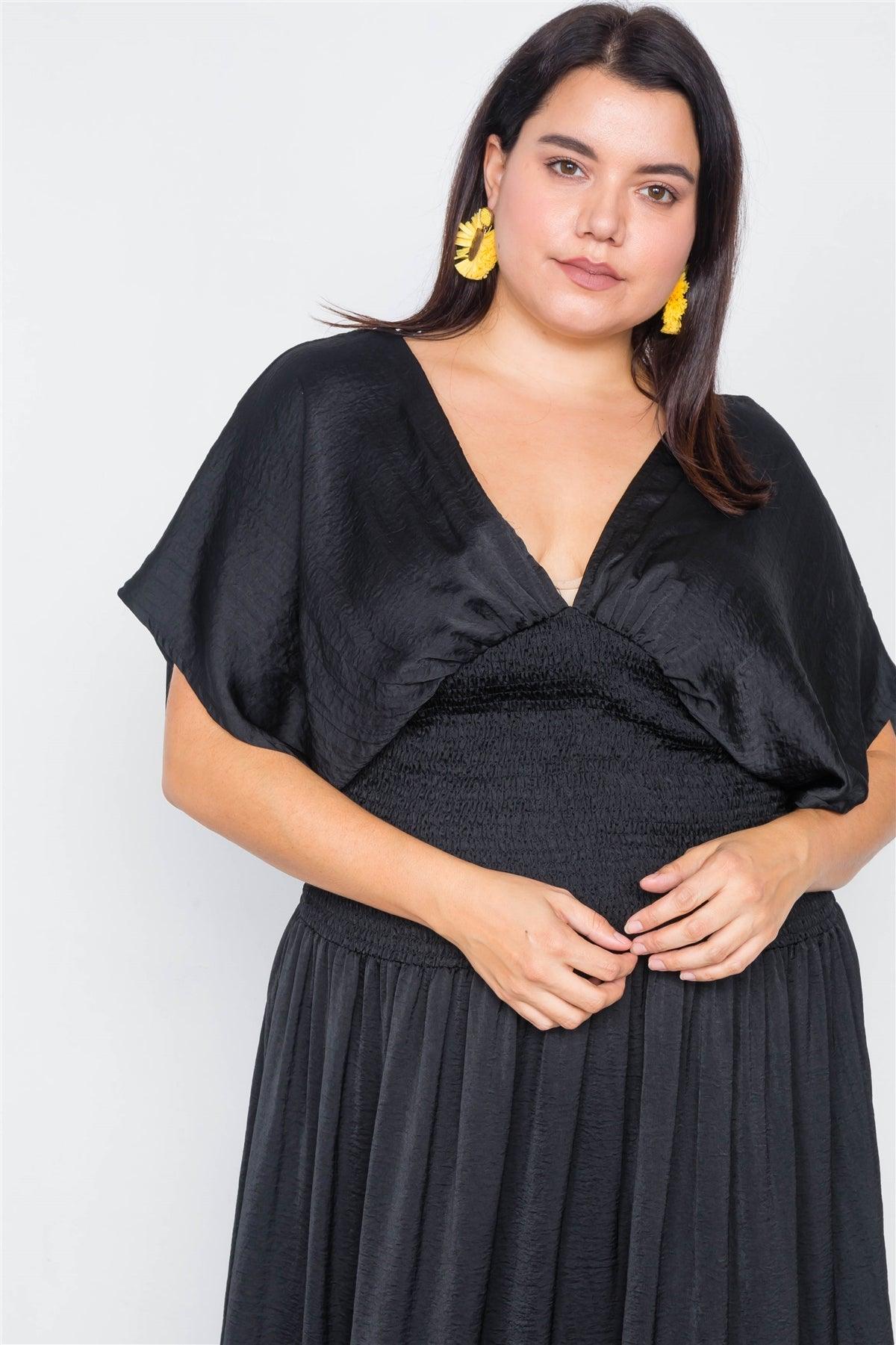Plus Size Black V-Neck Satin Kimono Sleeve Maxi Dress /1-2-2