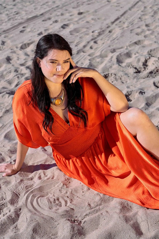 Plus Size Coral V-Neck Satin Kimono Sleeve Maxi Dress - Tasha Apparel Wholesale