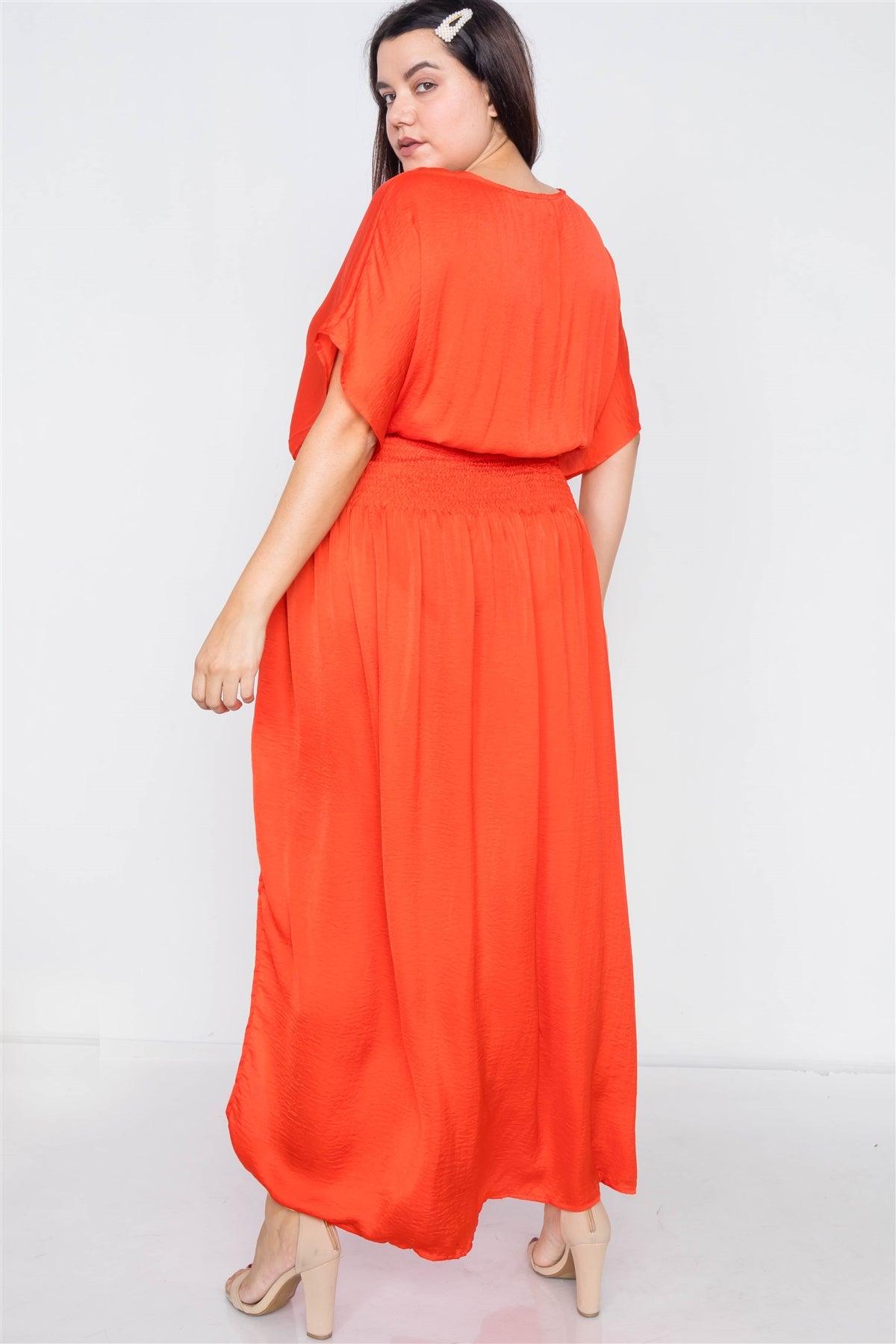 Plus Size Coral V-Neck Satin Kimono Sleeve Maxi Dress /1-1-2